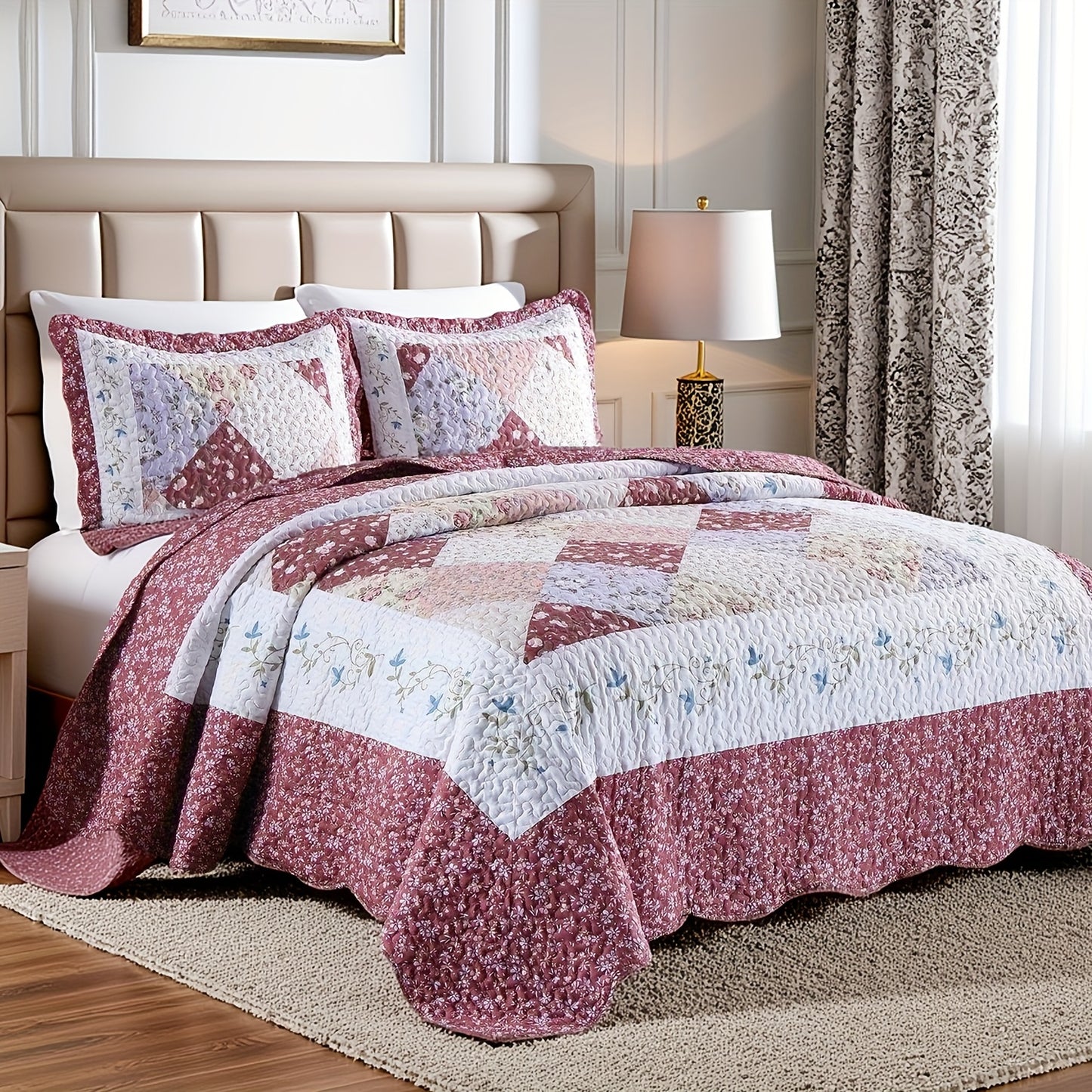 3pcs Green Patchwork Quilt Set Reversible Bedspread Lightweight Bedding with 2pcs Pillow Shams, All Season