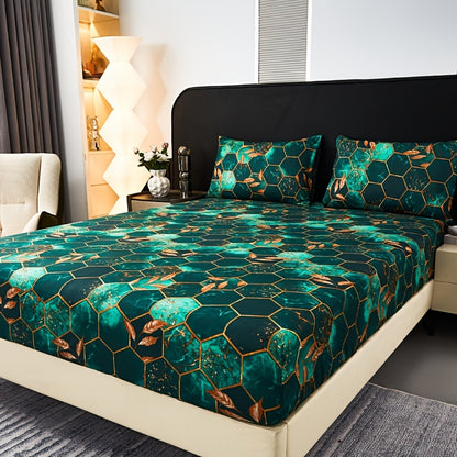 Ocean-Themed Geometric Grid Pattern Printed Fitted Sheet Set, Featuring High-End 3D Pattern Dyeing, Soft And Skin-Friendly, Stylish Designs, Available in Various Colors, Machine Washable