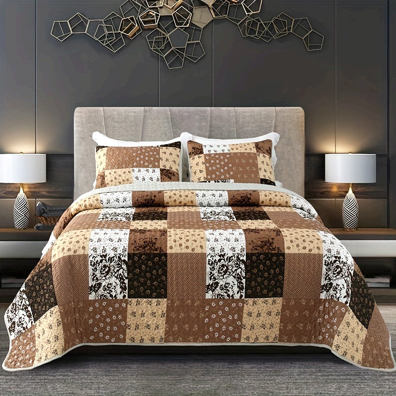 3pcs Brushed Printed Quilt Set, Square Floral Printed Bedspread Set