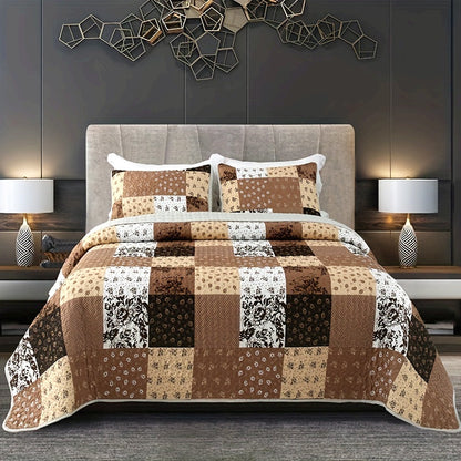 3pcs Brushed Printed Quilt Set, Square Floral Printed Bedspread Set
