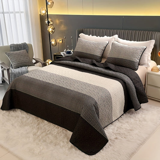 3pcs Brushed Print Quilted Bedding, Black And White Stripe Bedding