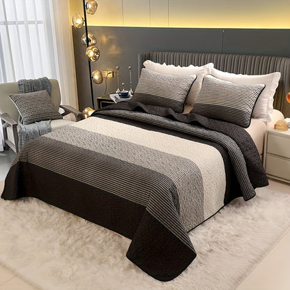 3pcs Brushed Print Quilted Bedding, Black And White Stripe Bedding