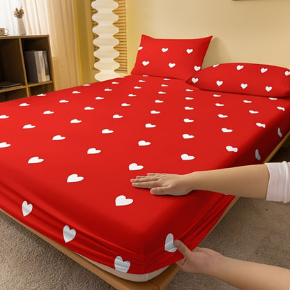1pc Fitted Sheet, Red And White Heart Pattern Printed Bedding, Soft Comfortable Breathable Fitted Sheet for Bedroom, Guest Room, Fitted Bed Sheet Only