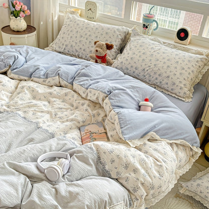 4pcss, Bedding 4pcs Set Includes 1pc Duvet Cover, 1pc Flat Sheet, 2pcs Pillowcases (Pillow Inserts And Duvet Inserts Not Included), Floral Fresh Style, Double Gauze Fabric, Skin-Friendly And Soft, Machine Washable, Breathable And Non-Stuffy
