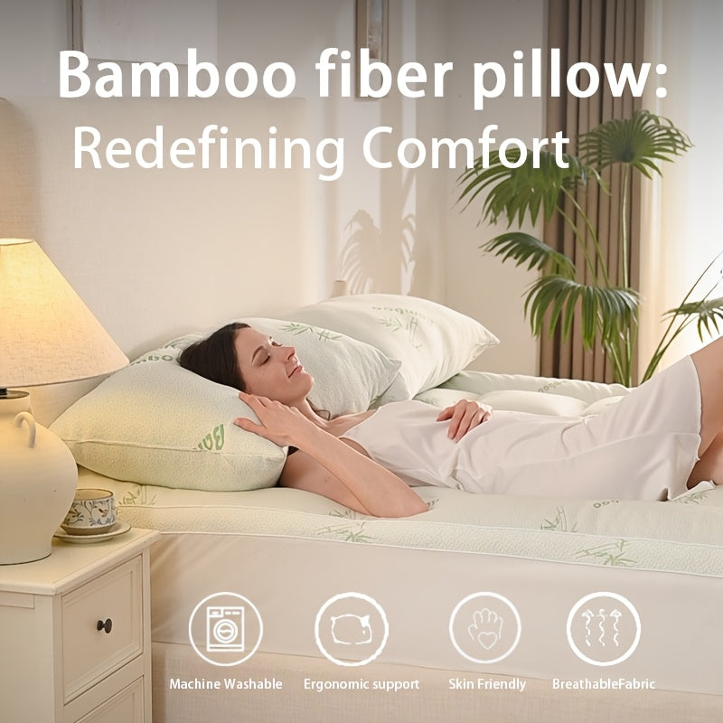 2pcs Bamboo Fiber Pillows Cooling Pillows for Sleeping - Back, Stomach, Side Sleeper, Soft & Breathable with Washable Cover