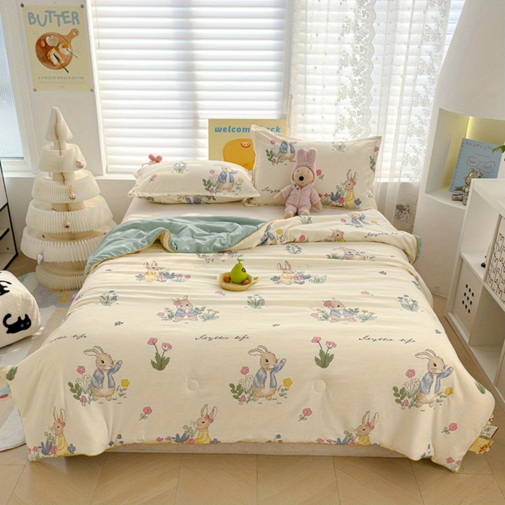 [Rabbit Blanket Summer Quilt] Rabbit Sweet Pattern Printed Thin Blanket Summer Sleeping Quilt, Soft And Breathable, Cute Rabbit Pattern, Double-Sided Design, Lightweight And Comfortable, All Seasons Thin Blanket, Machine Washable