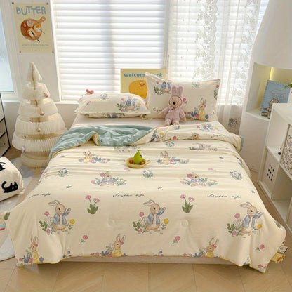 [Rabbit Blanket Summer Quilt] Rabbit Sweet Pattern Printed Thin Blanket Summer Sleeping Quilt, Soft And Breathable, Cute Rabbit Pattern, Double-Sided Design, Lightweight And Comfortable, All Seasons Thin Blanket, Machine Washable