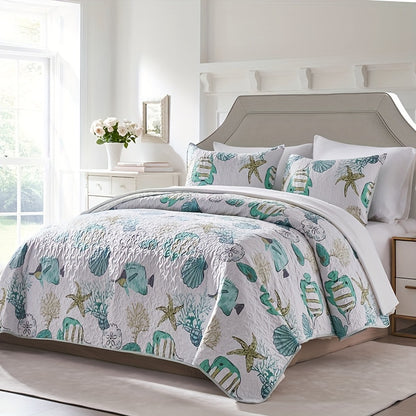 3 Piece Coastal Comforter Set - Lightweight Polyester Beach Quilt with Starfish Shell Coral Print, Machine Washable Bedspread with Pillowcases (No Filling)