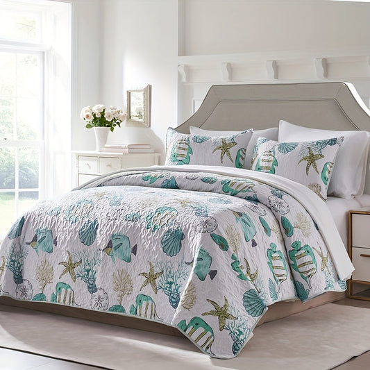 3 Piece Coastal Comforter Set - Lightweight Polyester Beach Quilt with Starfish Shell Coral Print, Machine Washable Bedspread with Pillowcases (No Filling)
