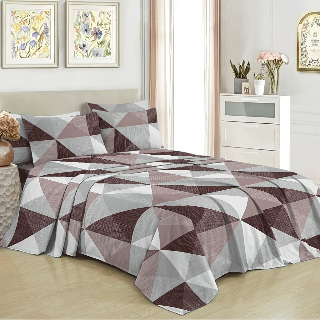 3/4pcs Geometric 1000 Thread Count Grid Pattern Fitted Sheet Set, Bedding for Bedroom, Guest Room, Hotel (1 Flat Sheet + 1 Fitted Sheet + 1/2 Pillowcase, Excluding Core)