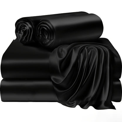 4pcs 100% Polyester 80G Satin Fitted Sheet Set [1 Fitted Sheet + 1 Flat Sheet + 2 Pillowcases (Without Inserts)] Soft Fabric Bedroom All-Season Versatile Style No Shrinkage No Pilling Machine Washable Light Luxury High-End Fitted Sheet Student Dormi
