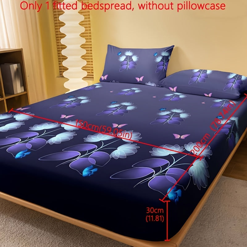 1pc Brushed Fitted Sheet, Soft Comfortable Butterfly Floral Print Bedding Fitted Sheet, for Bedroom, Guest Room, with Deep Pocket, Fitted Bed Sheet solely, Without Pillowcase