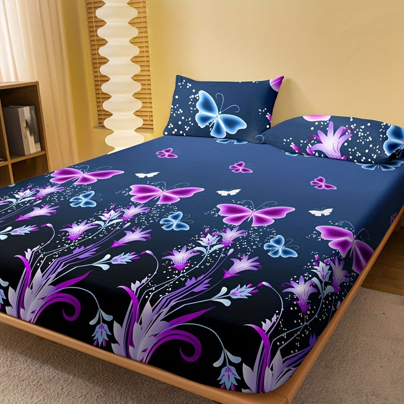 1pc Brushed Fitted Sheet, Soft Comfortable Butterfly Floral Print Bedding Fitted Sheet, for Bedroom, Guest Room, with Deep Pocket, Fitted Bed Sheet solely, Without Pillowcase