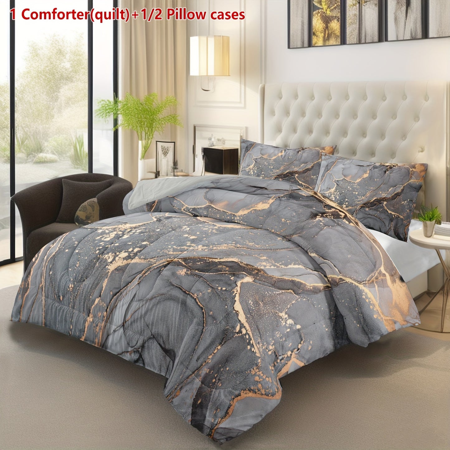 Set of 2 Or 3pcs Featuring a Marble Print Comforter in Gray And Golden, Including 1 Comforter (Quilt) And 1 Or 2 Pillowcases Without The Core, Showcasing a Soft Golden Abstract Wave Design in an Ottoman Style