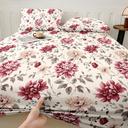 Polyester Smooth Skin-Friendly Single-Piece Fitted Sheet for King Queen Twin Size Beds with Elegant Floral Design, Red Pink Flowers Green Leaves Pattern, Ultra-Soft Breathable Bed Sheet for Cozy Bedroom Decor