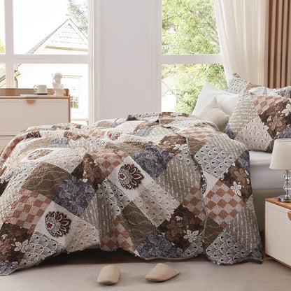 Twin, Queen And King Size Quilt Set - Brown, Grey, Blue And Purple Reversible Bedspread with 1-2 Pillow Shams - Soft Lightweight Oversized Coverlet - Warm Patchwork Bed Cover for All Seasons