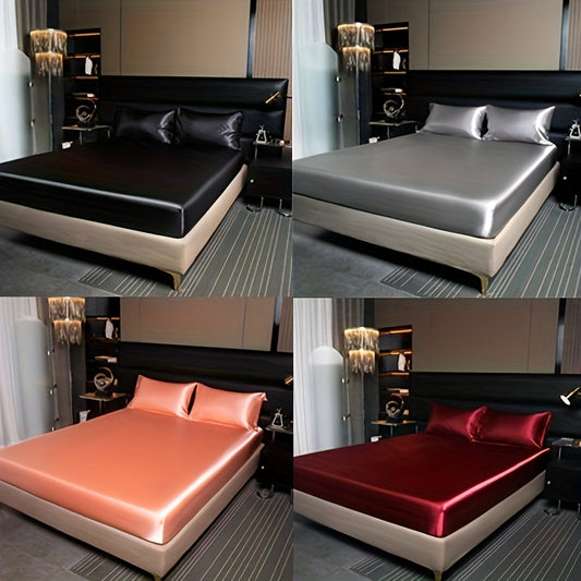 2/3pcs Satin Bedding - Luxury Soft Fitted Sheet & Pillowcases Suitable for Bedrooms, Guest Rooms, Hotels | Solid Color Bed Sheet, Coreless, Fits Single/Double Beds, Elegant Bedspread