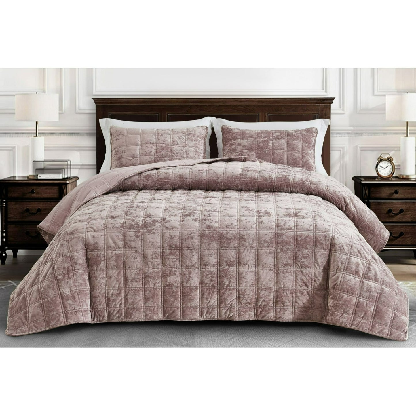 3-Piece Distressed Velvet Quilt Set, Piers Plush Velvet Bedspread Soft Washed Microfiber Reverse with Double Square Stitch Oversized King/King/Queen Size