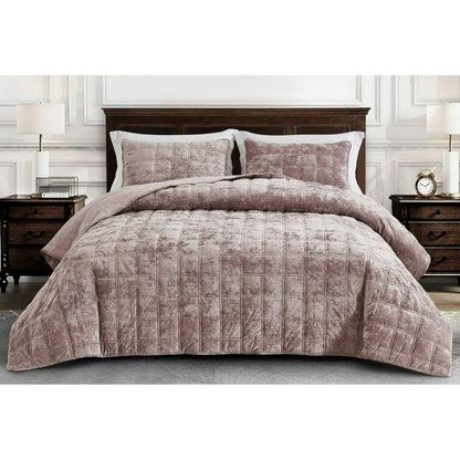 3-Piece Distressed Velvet Quilt Set, Piers Plush Velvet Bedspread Soft Washed Microfiber Reverse with Double Square Stitch Oversized King/King/Queen Size