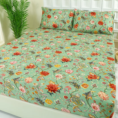 3pcs Fitted Sheet Set, Includes One Comfortable and Breathable Fitted Sheet and Two Pillowcases (pillow Inserts Not Included). Suitable for All Seasons, Featuring a Fresh Pea Green Base Adorned with Vibrant Red and Pink Blossoms. The Intertwined