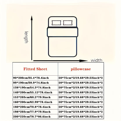 3pcs Fitted Sheet Set: 1 Fitted Sheet + 2 Pillowcases. Premium Printed Fitted Sheet. Combines Comfort and Style. Modern Design. Suitable for Student Dormitories, Small Bedrooms, and Hotels. All-season Use. No Filling. Soft, Skin-friendly, Breathable