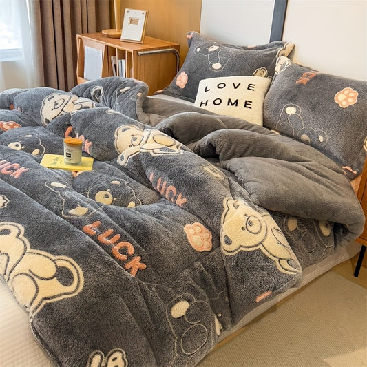 [Everyday Comfort] Cozy Plush Cartoon Bear Quilt - Thick, Soft, and Warm Winter Bedding for Home or Hotel, Machine Washable, Extra-Large Size for Single or Double Beds, Adorable Panda Design with "LOVE" Accents, Perfect for Autumn and Winter Comfort, Bear