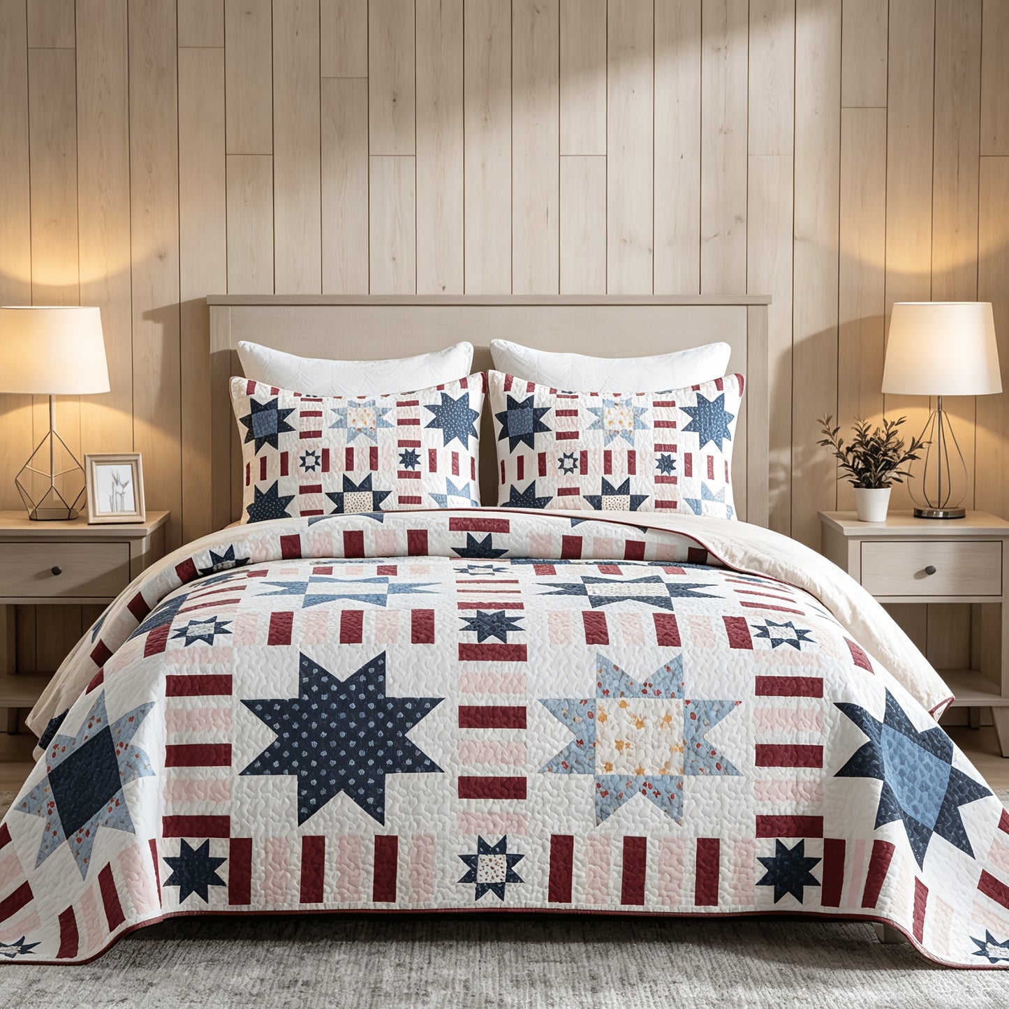 3pcs Green Patchwork Quilt Set Reversible Bedspread Lightweight Bedding with 2pcs Pillow Shams, All Season