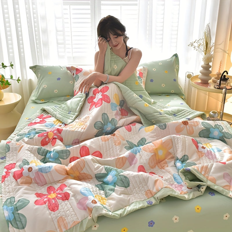 1pc Lightweight & Breathable Cooling Comforter, Contemporary Floral Checkered Pattern Cooling Blanket, Machine Washable Summer Blanket for Bedroom, Dorm, Hotels, Camping & Home Decor