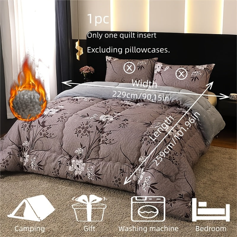 1pc/Warm Plush Thick Quilt/Printed Floral Series Warm Plush Thick Quilt Features a Dark Gray-purple Color Scheme with White Floral and Dark Brown Branch and Leaf Patterns, Exuding an Exquisite, Elegant, and Romantic Pastoral Charm