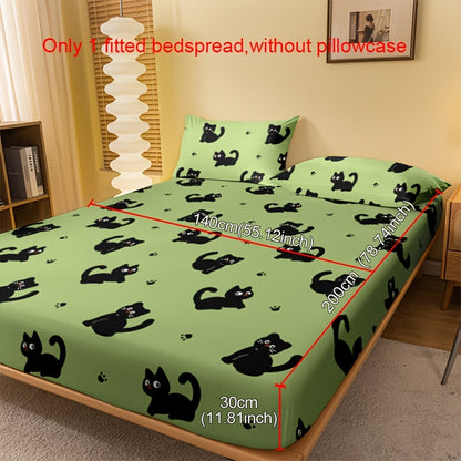 Cute Cartoon Black Cat Print Fitted Sheet - Soft Brushed Polyester, Deep Pocket Design for Bedroom & Guest Room Decor, Machine Washable, Christmas present