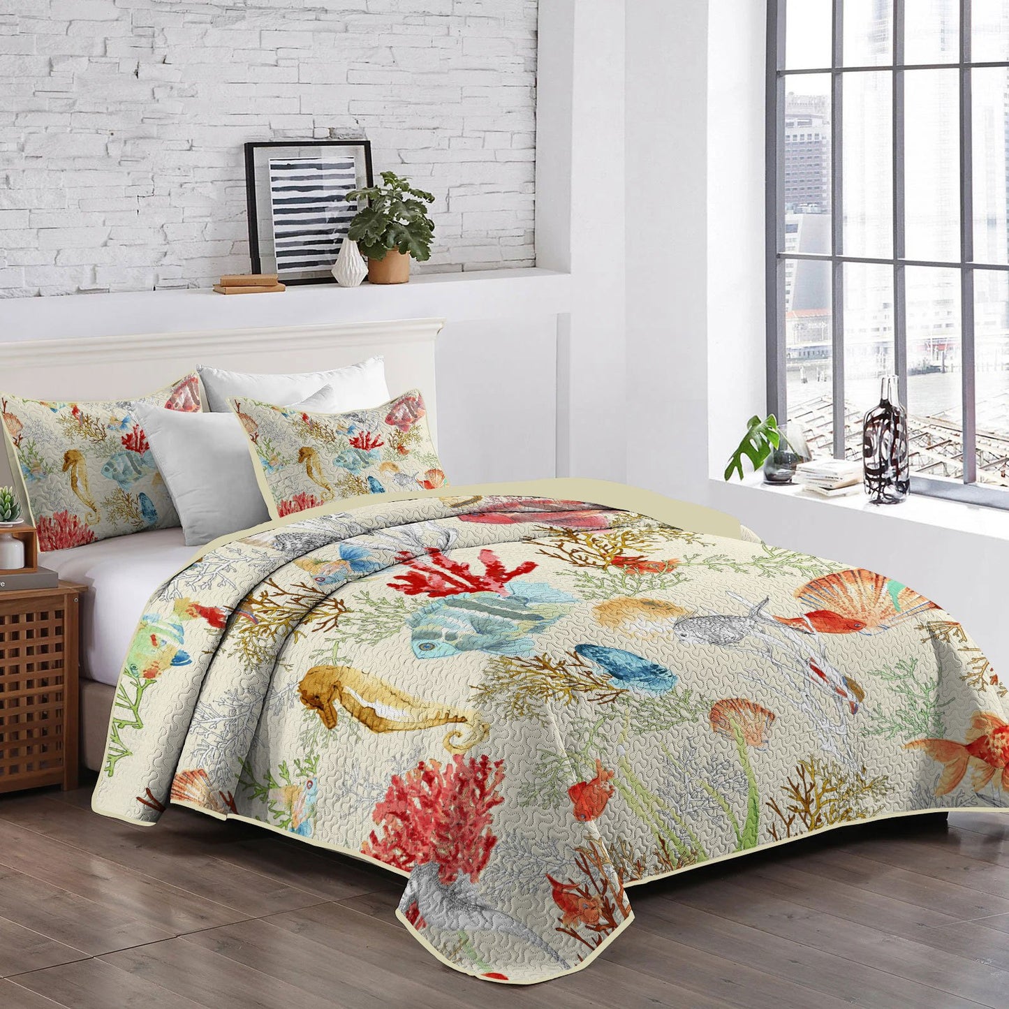 Coastal Design • Coral, Shell, Ocean Life Digital Print Pattern • Bedding • European King/Full/Queen/King • Machine Washable, Easy to Maintain • 3pcs Quilt Set