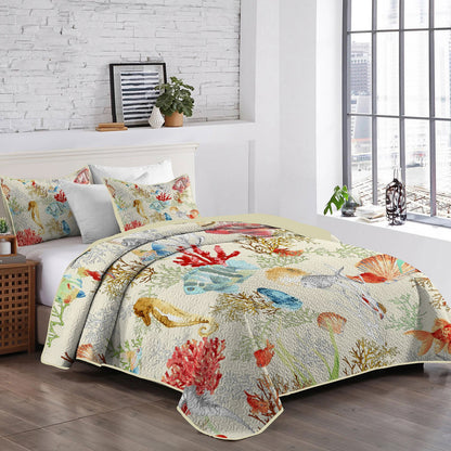 Coastal Design • Coral, Shell, Ocean Life Digital Print Pattern • Bedding • European King/Full/Queen/King • Machine Washable, Easy to Maintain • 3pcs Quilt Set