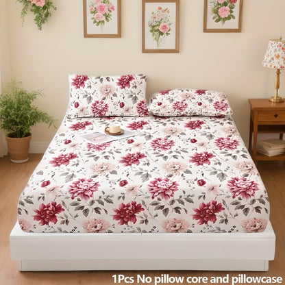 Polyester Smooth Skin-Friendly Single-Piece Fitted Sheet for King Queen Twin Size Beds with Elegant Floral Design, Red Pink Flowers Green Leaves Pattern, Ultra-Soft Breathable Bed Sheet for Cozy Bedroom Decor