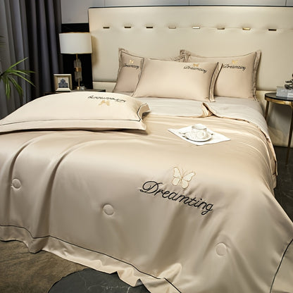 1pc Luxury Embroidered Satin Summer Quilt, Comfortable and Soft, Skin-friendly, Machine Washable, Suitable for Bedroom and Guest Room, Without Pillows