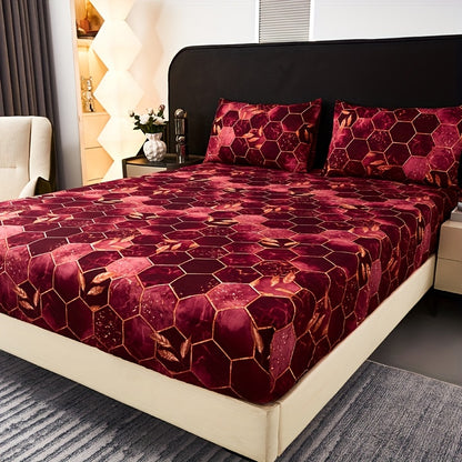 Ocean-Themed Geometric Grid Pattern Printed Fitted Sheet Set, Featuring High-End 3D Pattern Dyeing, Soft And Skin-Friendly, Stylish Designs, Available in Various Colors, Machine Washable