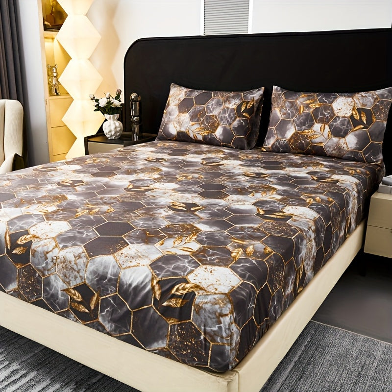 Ocean-Themed Geometric Grid Pattern Printed Fitted Sheet Set, Featuring High-End 3D Pattern Dyeing, Soft And Skin-Friendly, Stylish Designs, Available in Various Colors, Machine Washable