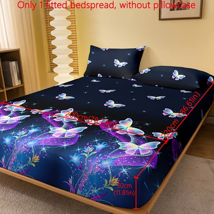 1pc Brushed Fitted Sheet, Soft Comfortable Butterfly Floral Print Bedding Fitted Sheet, for Bedroom, Guest Room, with Deep Pocket, Fitted Bed Sheet solely, Without Pillowcase