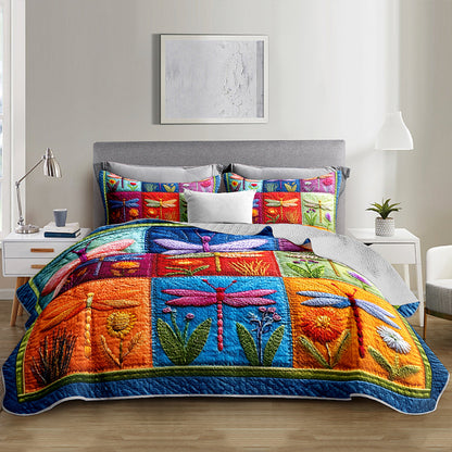 2/3pcs Vibrant Dragonfly Patchwork Printed Durable Quilted Bedspread Set (1 Bedspread + 1/2 Pillowcases Excluding Pillow Inserts), Available in Large And Extra-Large Sizes for Home And Dorm Use with High-Definition Prints. Breathable And Easy to Car