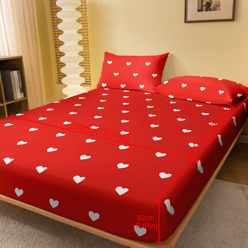 1pc Fitted Sheet, Red And White Heart Pattern Printed Bedding, Soft Comfortable Breathable Fitted Sheet for Bedroom, Guest Room, Fitted Bed Sheet Only