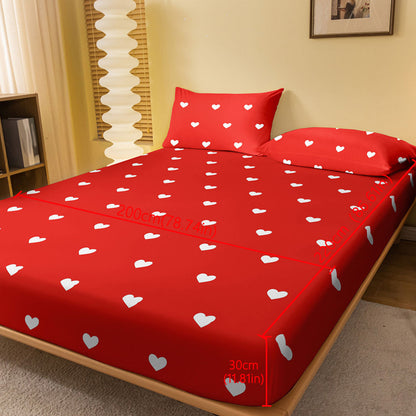 1pc Fitted Sheet, Red And White Heart Pattern Printed Bedding, Soft Comfortable Breathable Fitted Sheet for Bedroom, Guest Room, Fitted Bed Sheet Only
