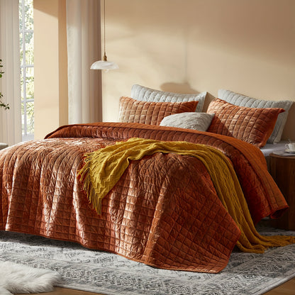 Velvet Quilt Full/Queen/King/California King Size, Lightweight Burnt Orange/Navy Blue Velvet Comforter Set with 2 Pillow Shams, Soft Bedspread Coverlet Quilted Bedding Set for All Season