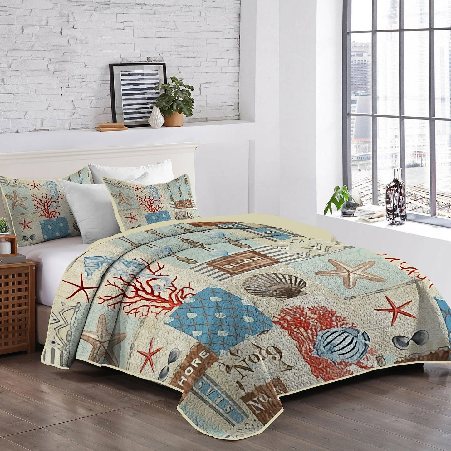 Coastal Design • Coral, Shell, Ocean Life Digital Print Pattern • Bedding • European King/Full/Queen/King • Machine Washable, Easy to Maintain • 3pcs Quilt Set