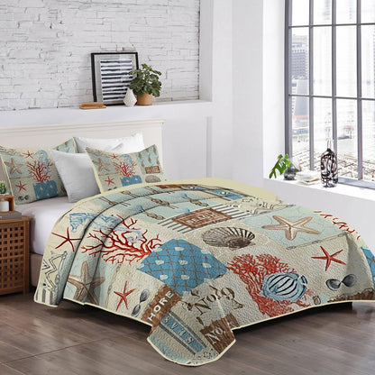 Coastal Design • Coral, Shell, Ocean Life Digital Print Pattern • Bedding • European King/Full/Queen/King • Machine Washable, Easy to Maintain • 3pcs Quilt Set