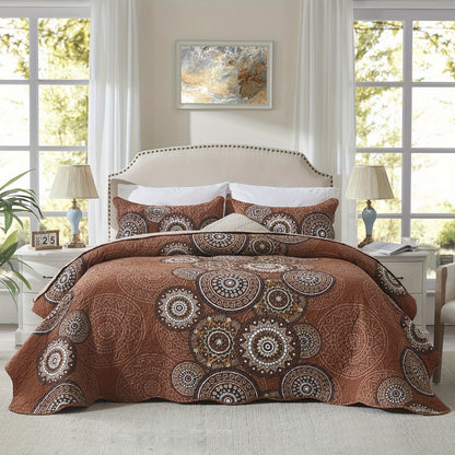 3pcs Queen And King Size Quilt Set, Orange Rust Olive Green Grey Bedspread Coverlet, Soft Lightweight Microfiber Floral Blanket, Luxurious Warm Oversized Bed Cover for All Seasons (1 Quilt, 2 Pillow Shams)