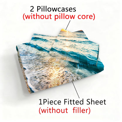 Sunrise Wave Beach Seaview 3pcs Fitted Sheet Set, 1 Fitted Sheet+2 Pillowcases No Insert, Skin-Friendly Breathable Mattress Protector, Soft Luxury All-Match Bedding for Home Bedroom Guest Room All Season