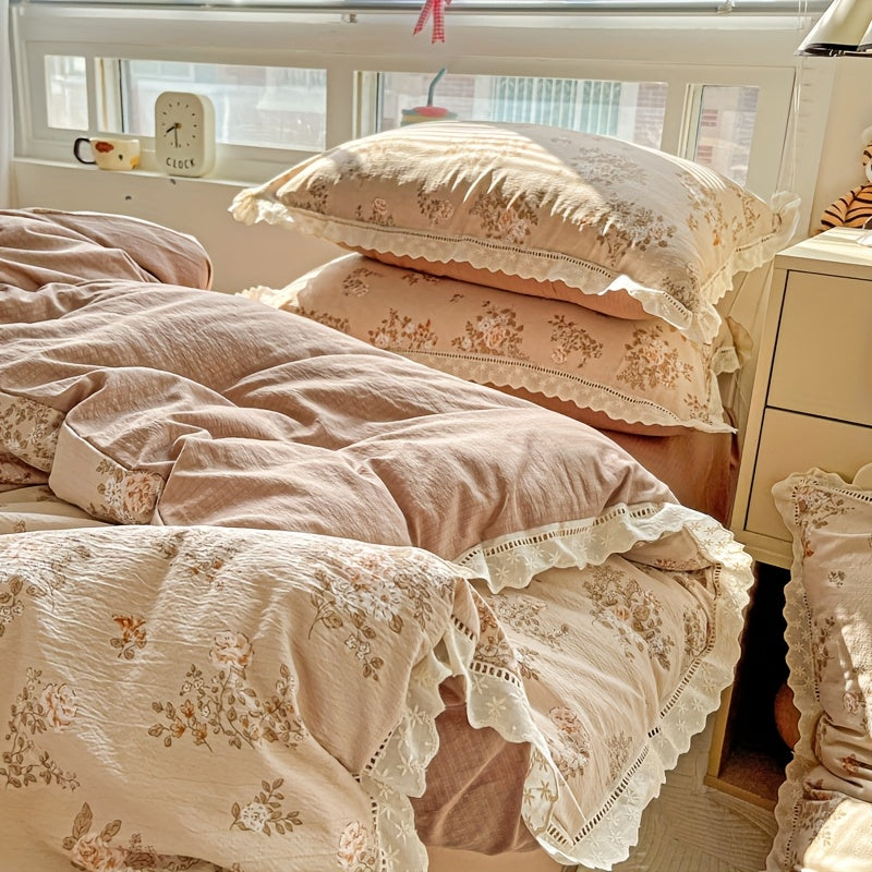 4pcss, Bedding 4pcs Set Includes 1pc Duvet Cover, 1pc Flat Sheet, 2pcs Pillowcases (Pillow Inserts And Duvet Inserts Not Included), Floral Fresh Style, Double Gauze Fabric, Skin-Friendly And Soft, Machine Washable, Breathable And Non-Stuffy