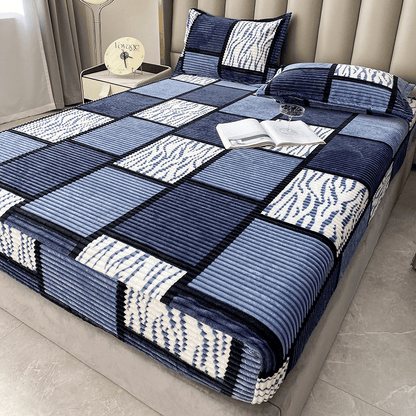 Geometric Large-grid Velour Fitted Sheet, Skin-friendly, Soft and Comfortable, Fully Wrapped Anti-slip Fit That Stays in Place, Single-piece Bed Cover for the Bedroom, Thick and Sturdy, Suitable for All Seasons, Machine Washable