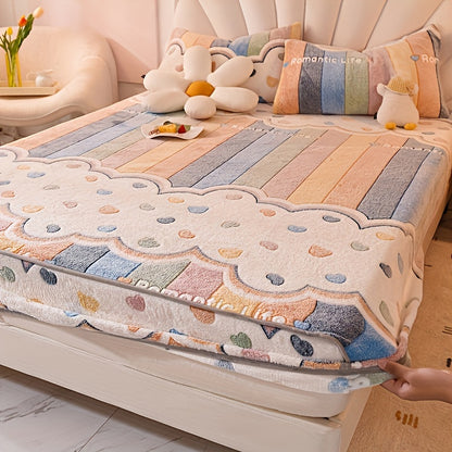 1 Thickened Soft Breathable Flannel Printed Fitted Sheet, Warm to the Touch with Moisture-Wicking and Wrinkle-Resistant Cover for Easy Removal, Suitable for All Seasons, 180g per Square Meter