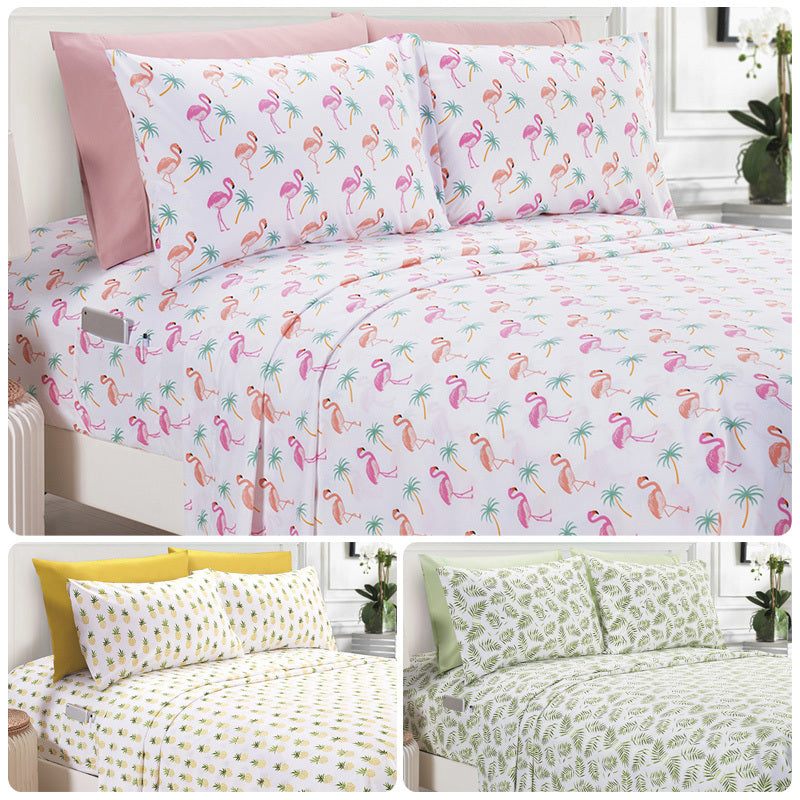 Elegant Comfort Luxury 4/6pcs Tropical, Flamingo, Pineapple and Palm Trees Sheet Set 16 Inch Deep Pockets - Ultra Soft Machine Washable Luxury 6-Piece Bed Sheet Set - Fade And Wrinkle Resistant Premium Hotel Quality Twin/Full/Queen/King Bedding Set- 6PC S