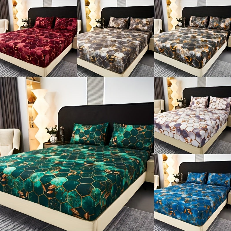Ocean-Themed Geometric Grid Pattern Printed Fitted Sheet Set, Featuring High-End 3D Pattern Dyeing, Soft And Skin-Friendly, Stylish Designs, Available in Various Colors, Machine Washable